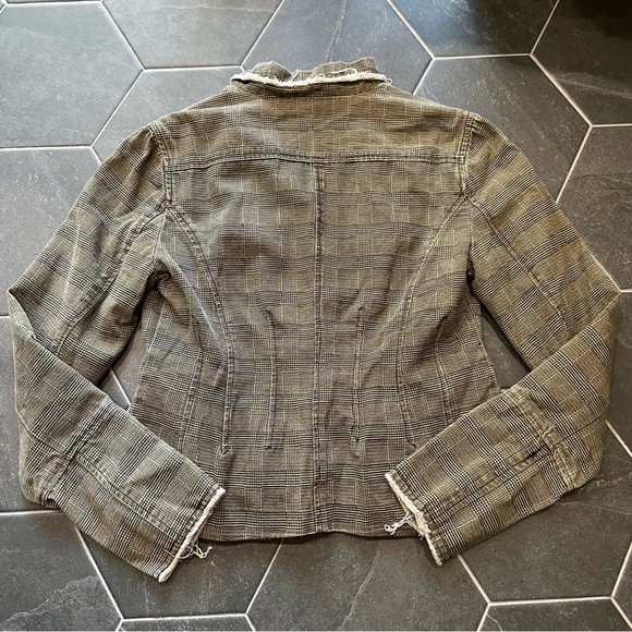 VTG Y2K 2000s Brown Plaid Raw Edge Blazer Button Suit Jacket - Picture 3 of 9